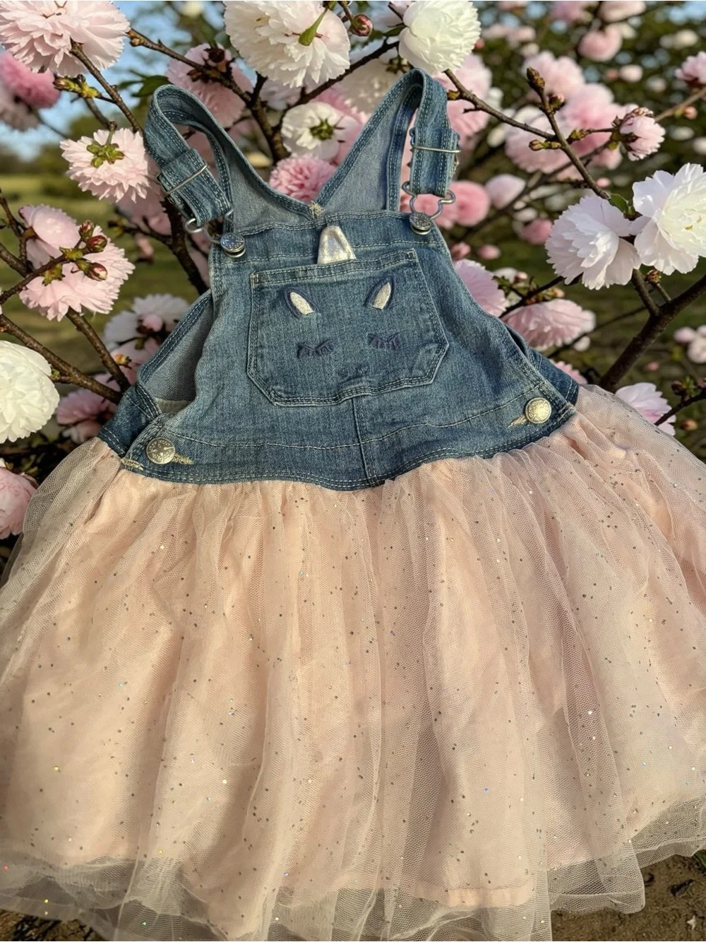 OshKosh B'gosh Denim Unicorn Tulle Romper / Overall dress- Blue and Pink